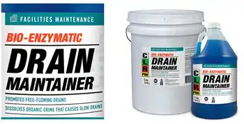 Bio-enzymatic drain maintainer packaging: bag, white bucket, and blue jug for facilities maintenance.