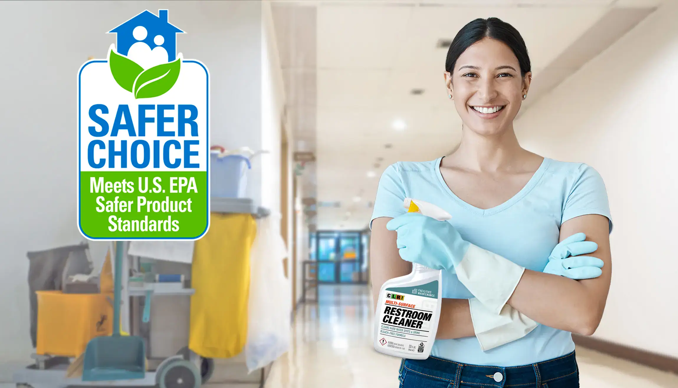 Woman in gloves holds cleaner spray bottle with Safer Choice EPA label in hallway.