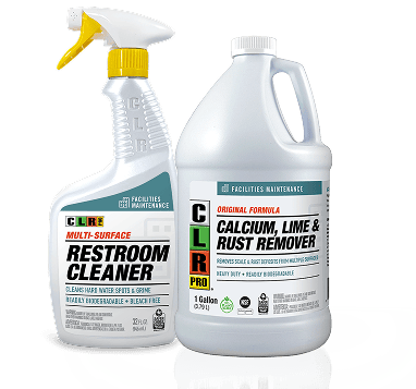 CLR spray cleaner and gallon jug of calcium, lime, and rust remover for facilities maintenance.