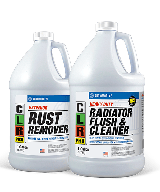 Two 1-gallon CLR PRO bottles: Rust Remover and Radiator Flush & Cleaner for automotive use.
