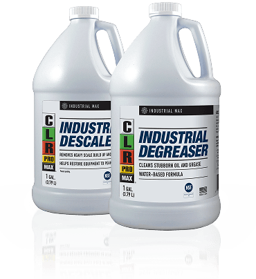 Two CLR PRO gallon jugs: Industrial Degreaser and Industrial Max, colored labels, white caps.