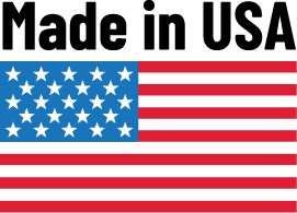 Made in USA text above the American flag with blue and white stars, red and white stripes.
