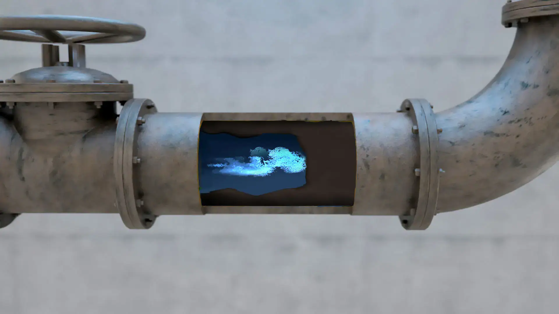 Metal pipe cutaway showing blue gas or vapor flowing inside.