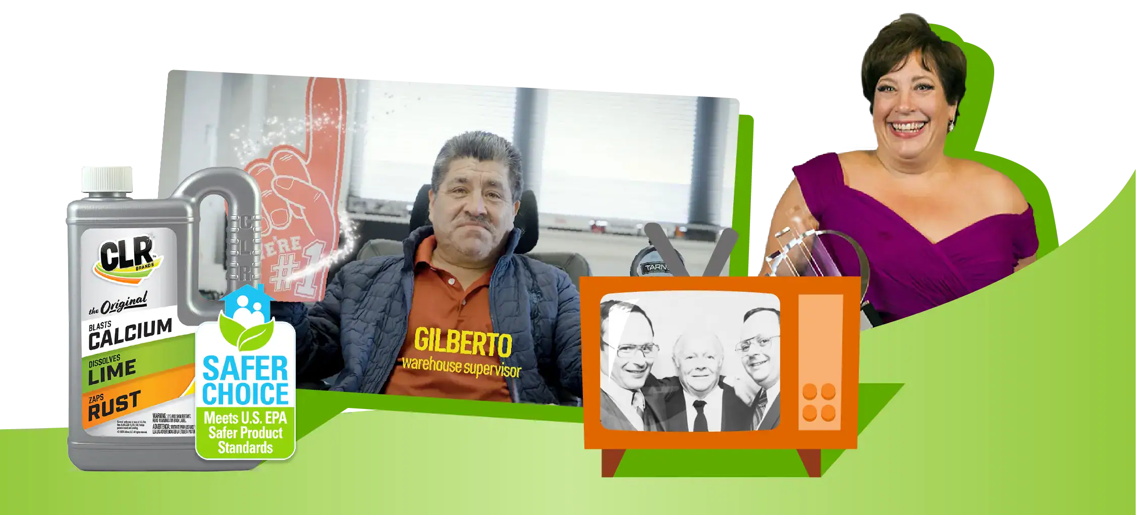 Bottle of CLR cleaner, man in orange shirt, old TV, woman in purple dress with trophy.