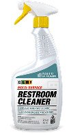Spray bottle labeled Multi-Surface Restroom Cleaner with a white and yellow trigger nozzle.