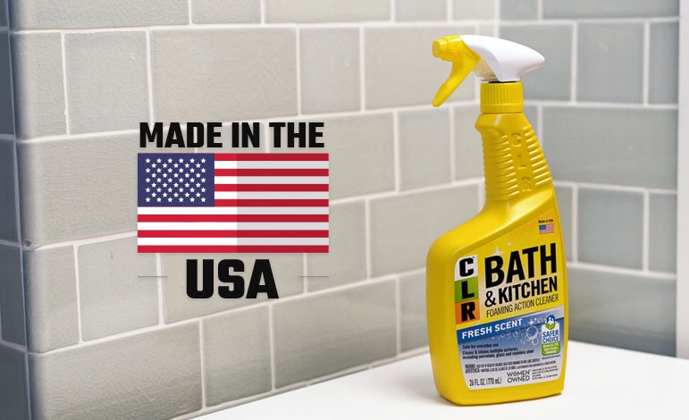 CLR Bath and Kitchen spray bottle with "Made in the USA" in the background.