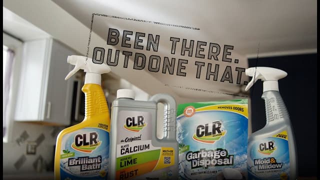 Four CLR cleaning products on a kitchen counter with "Been there. Outdone that." above them.