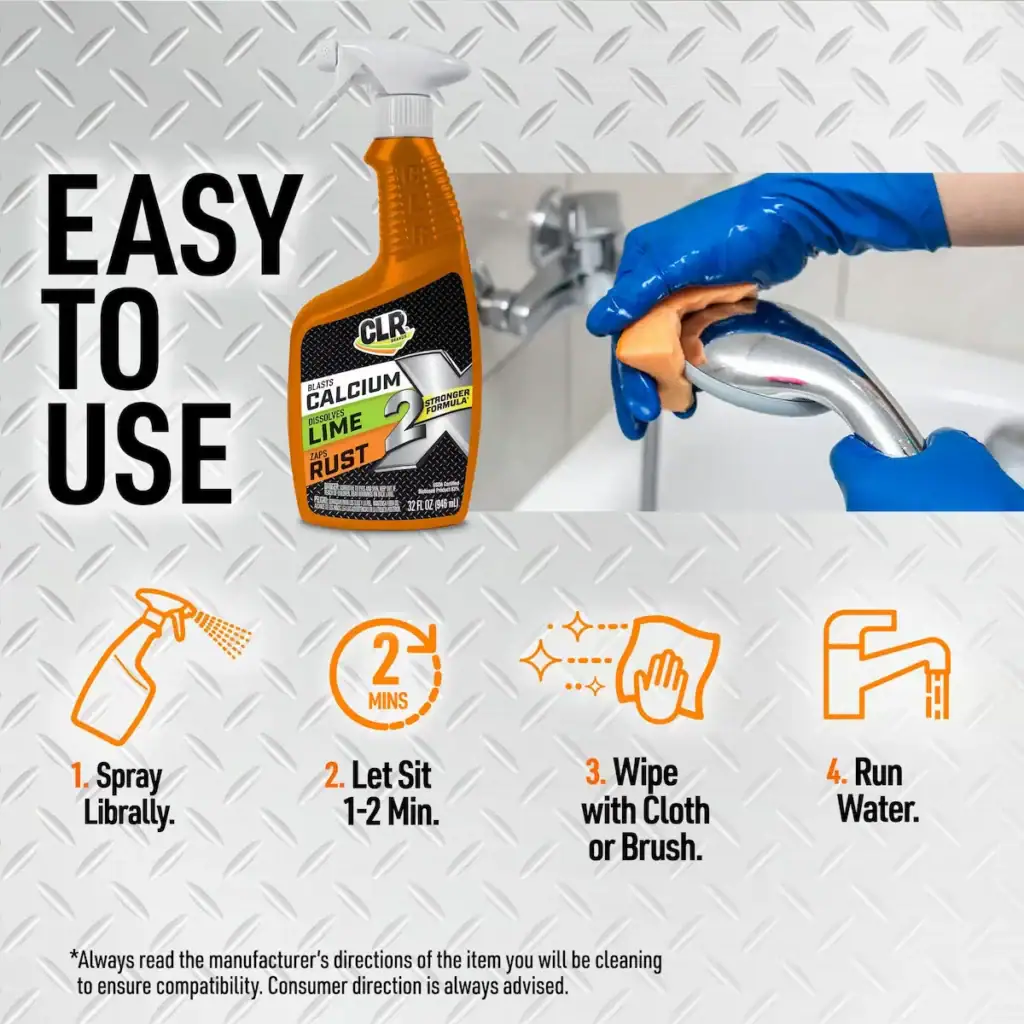CLR Brands 2X CLR Calcium Lime Rust Spray Bottle with easy-to-use spray instructions and cleaning tips for removing calcium, lime, and rust buildup.