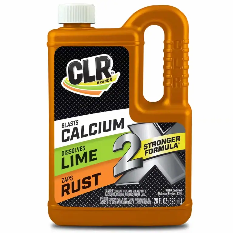 CLR Calcium Lime Rust remover bottle with before and after images of cleaned surfaces, including stainless steel, porcelain, concrete, ceramic tile, glass, brick, vinyl, and chrome.