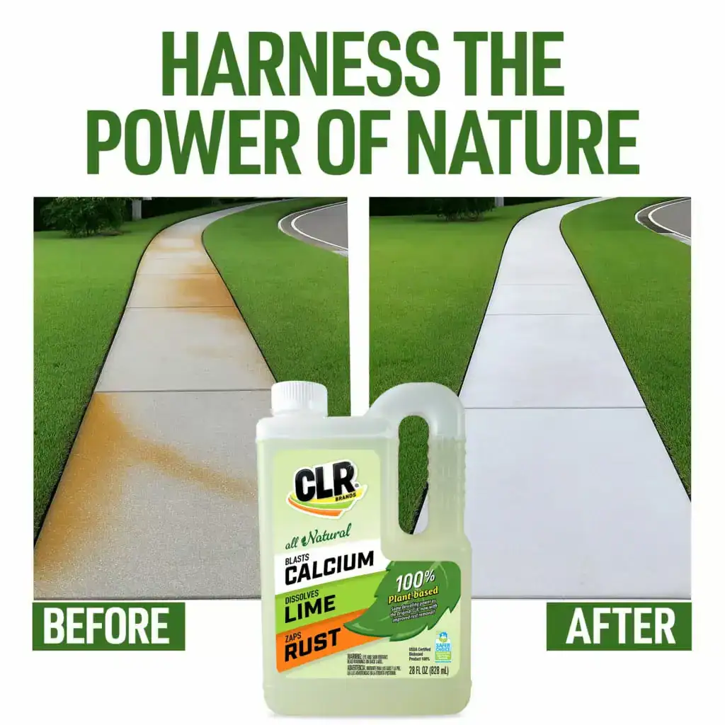 Comparison of a sidewalk before and after using CLR Calcium Lime & Rust Remover, highlighting its natural cleaning power for rust and lime stains.