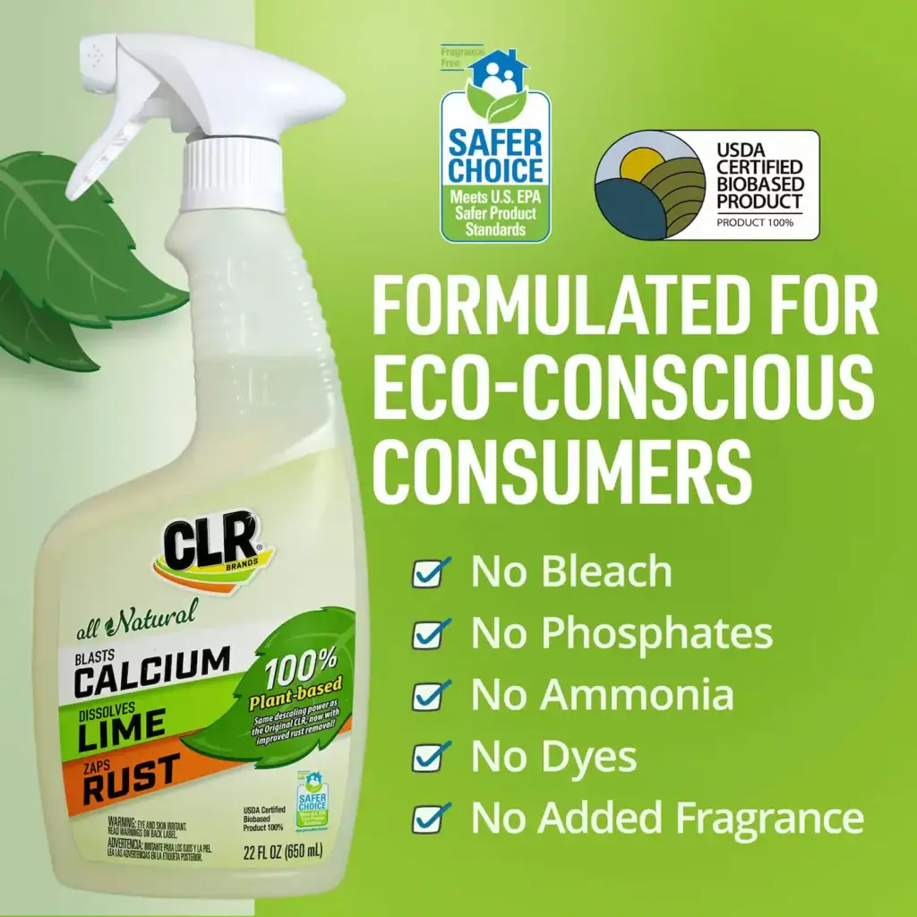 CLR Brands natural calcium lime and rust remover spray bottle with eco-friendly features and USDA biobased certification, ideal for eco-conscious cleaning.