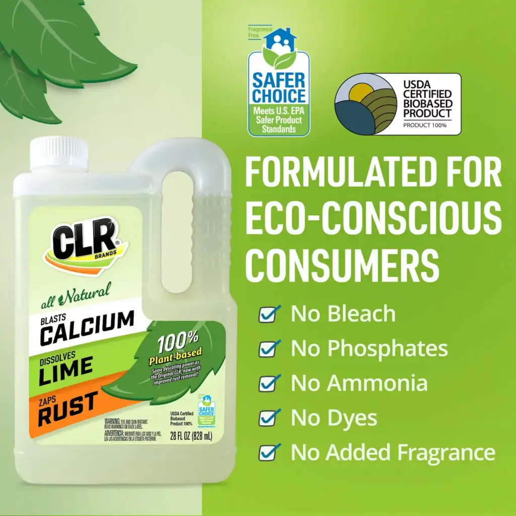 CLR Brands natural calcium lime and rust remover jug with eco-friendly formulation, USDA certified biobased, no bleach, phosphates, ammonia, dyes, or fragrance, suitable for eco-conscious consumers.