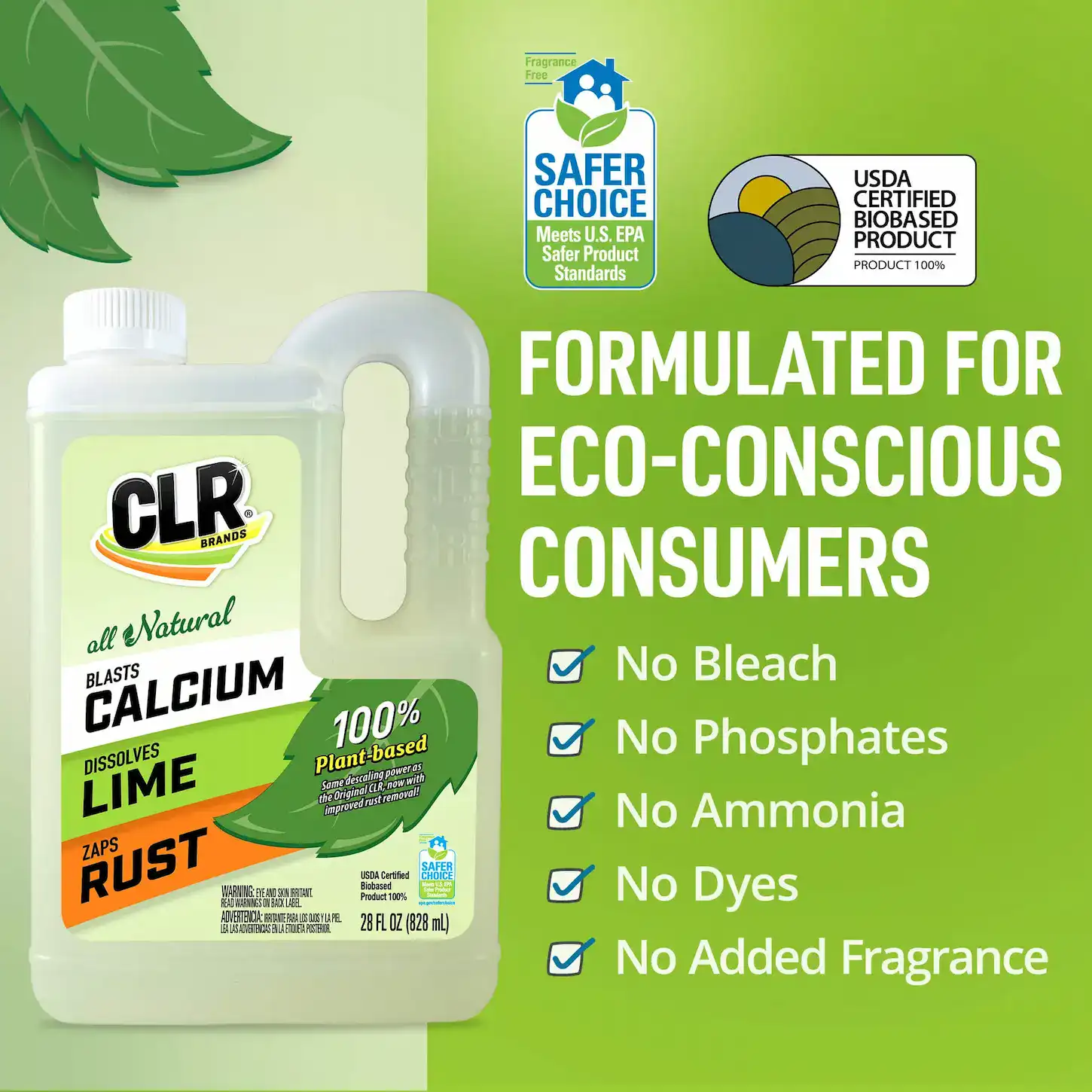 CLR Brands natural calcium lime and rust remover jug with eco-friendly formulation, USDA certified biobased, no bleach, phosphates, ammonia, dyes, or fragrance, suitable for eco-conscious consumers.