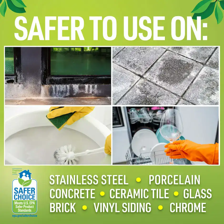 Safer to use on stainless steel, porcelain, concrete, ceramic tile, glass, brick, vinyl siding, and chrome surfaces with CLR Brands all-natural cleaner.