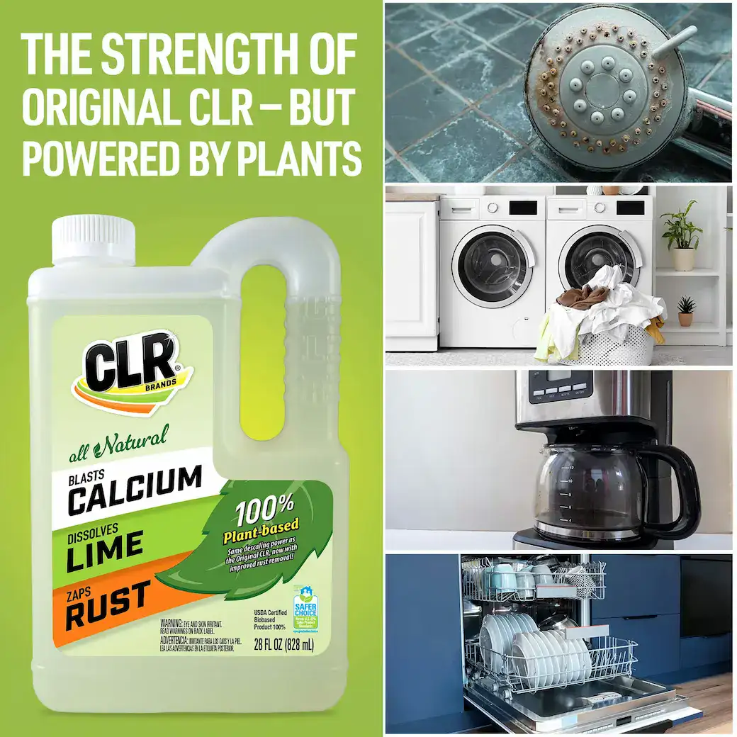 CLR Brands all-natural calcium lime and rust remover with plant-based formula, ideal for cleaning washing machines, dishwashers, and household surfaces.