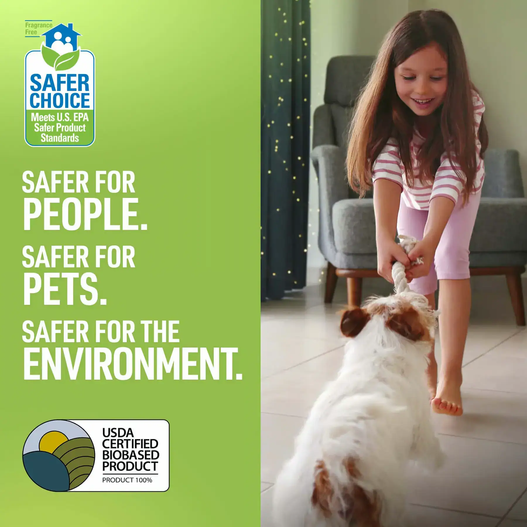 Young girl playing with a dog indoors, promoting safe and eco-friendly products for people, pets, and the environment, with USDA certified biobased product label.