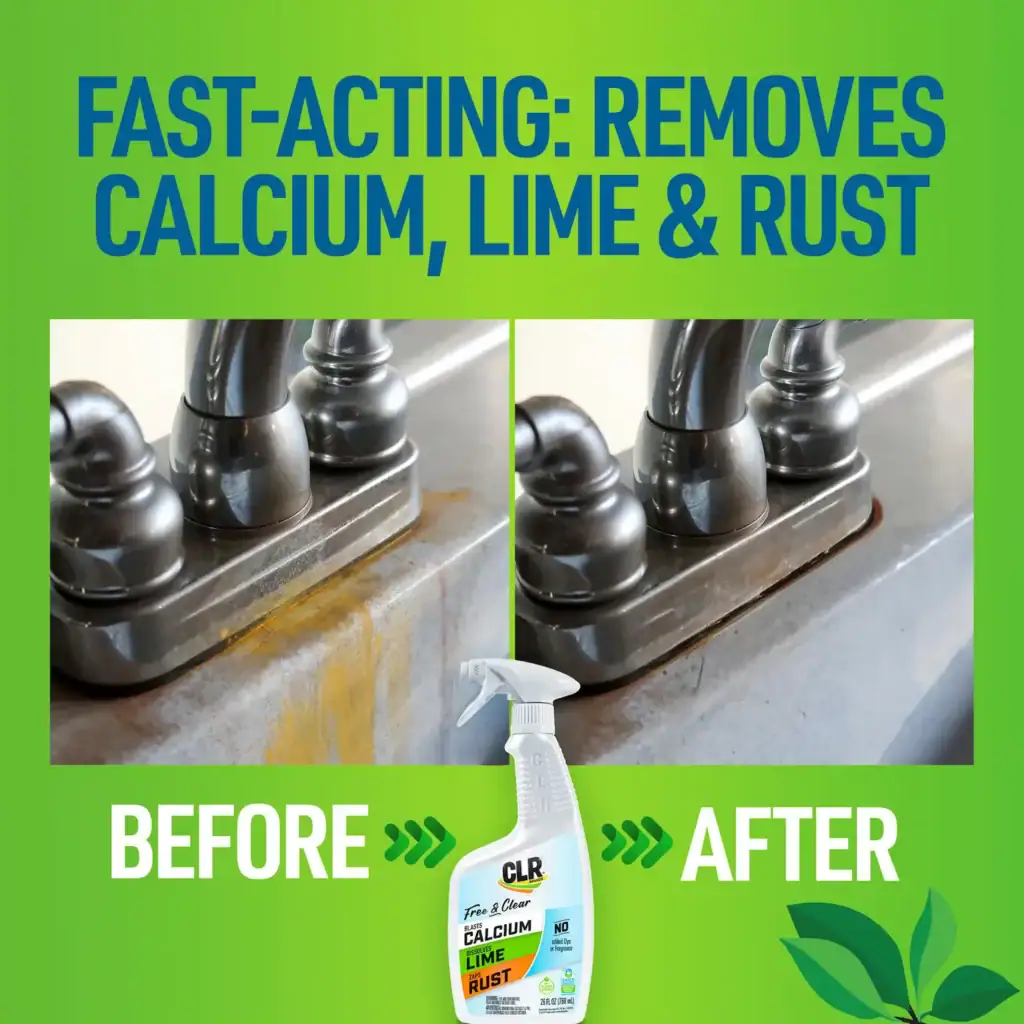 CLR Brands Calcium Lime & Rust Remover Spray bottle showing before and after cleaning of a faucet with rust and lime buildup.