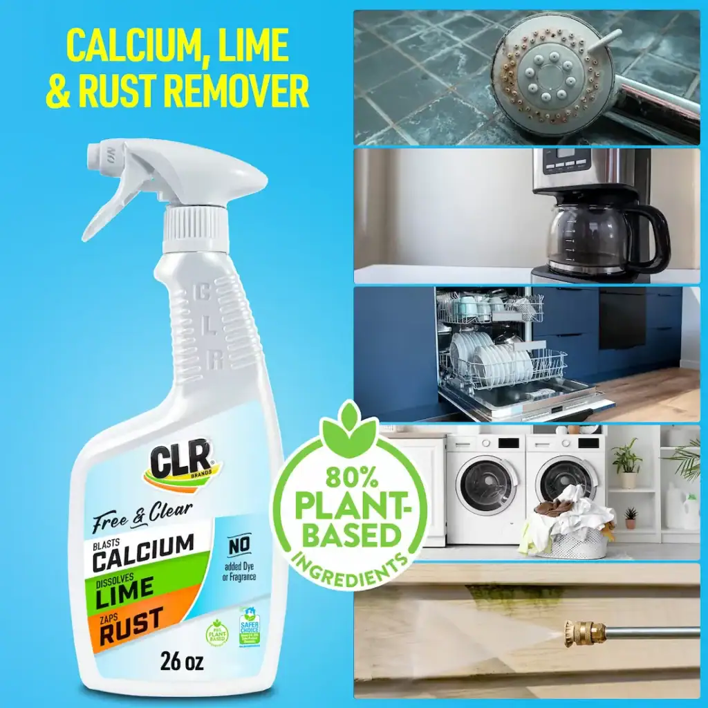 CLR Brands Calcium, Lime & Rust Remover spray bottle for cleaning household surfaces effectively.