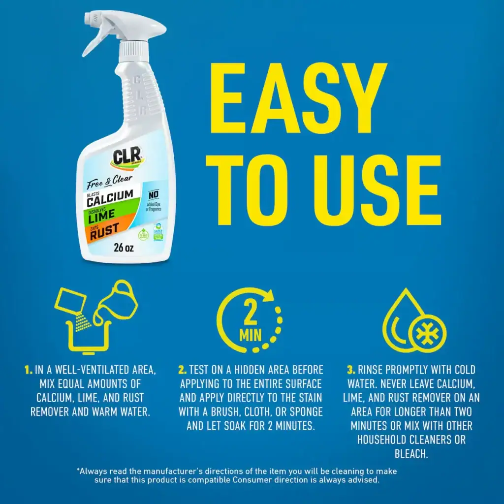 CLR Calcium, Lime & Rust Remover Spray Bottle with easy-to-use label, highlighting quick 2-minute cleaning, suitable for household use, and effective on tough stains.