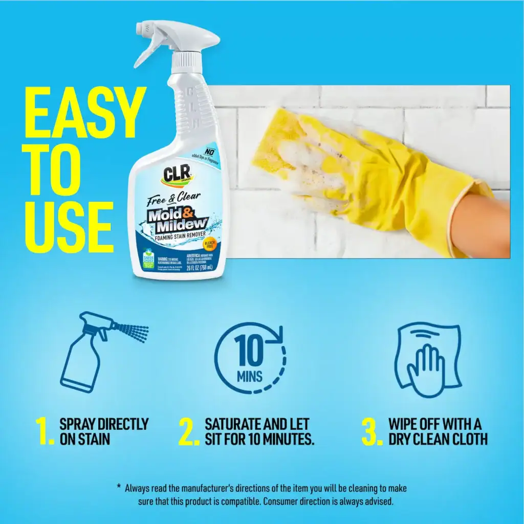 CLR Mold & Mildew Stain Remover spray with yellow glove cleaning a wall, highlighting easy use and quick results in 10 minutes, ideal for mold and mildew removal.