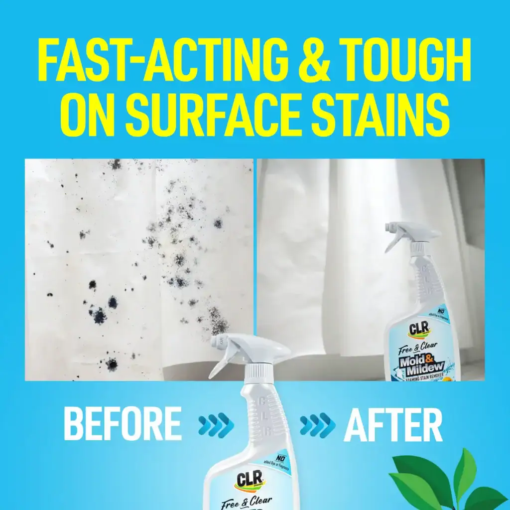 CLR Mold & Mildew Stain Remover spray bottle shown before and after cleaning surface with mold stains removed.