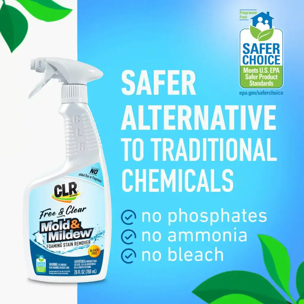 CLR Brands mold and mildew stain remover spray with Safer Choice certification, highlighting its eco-friendly, chemical-free cleaning power as a safer alternative to traditional chemicals.