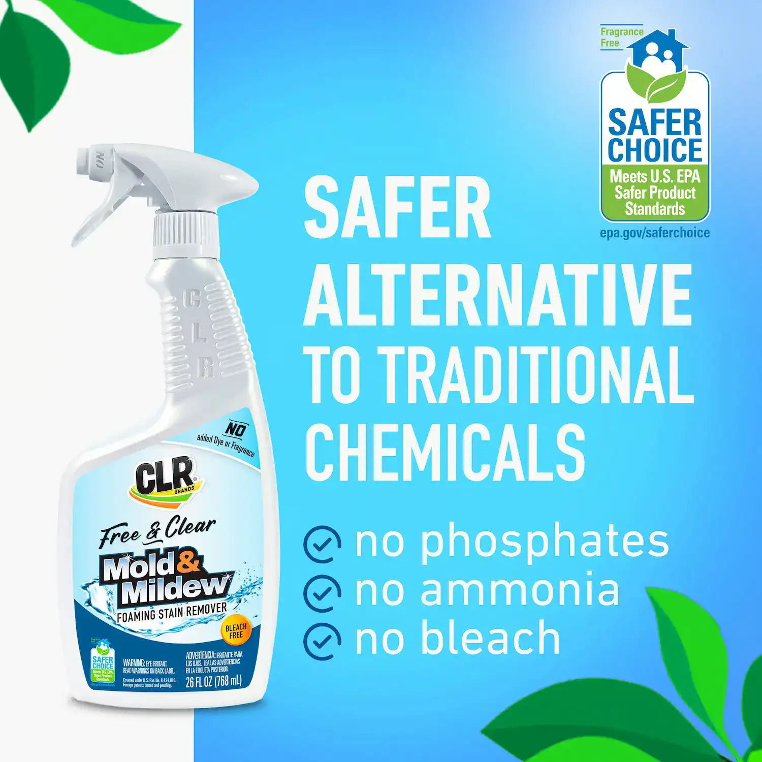 CLR Brands mold and mildew stain remover spray with Safer Choice certification, highlighting its eco-friendly, chemical-free cleaning power as a safer alternative to traditional chemicals.