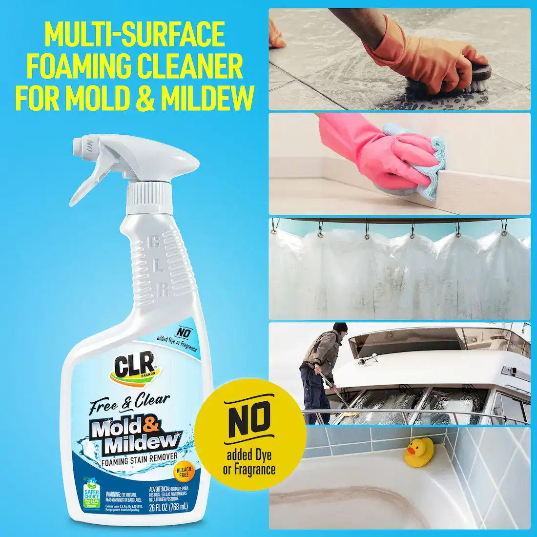 CLR Brands mold and mildew stain remover spray with Safer Choice certification, highlighting its eco-friendly, chemical-free cleaning power as a safer alternative to traditional chemicals.