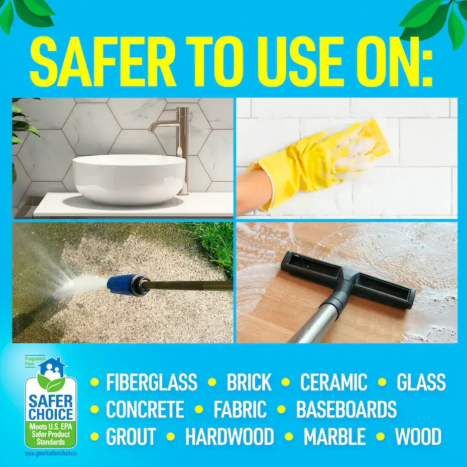 Safer to use mold and mildew stain remover on various surfaces including fiberglass, brick, ceramic, glass, concrete, fabric, baseboards, grout, hardwood, marble, and wood.