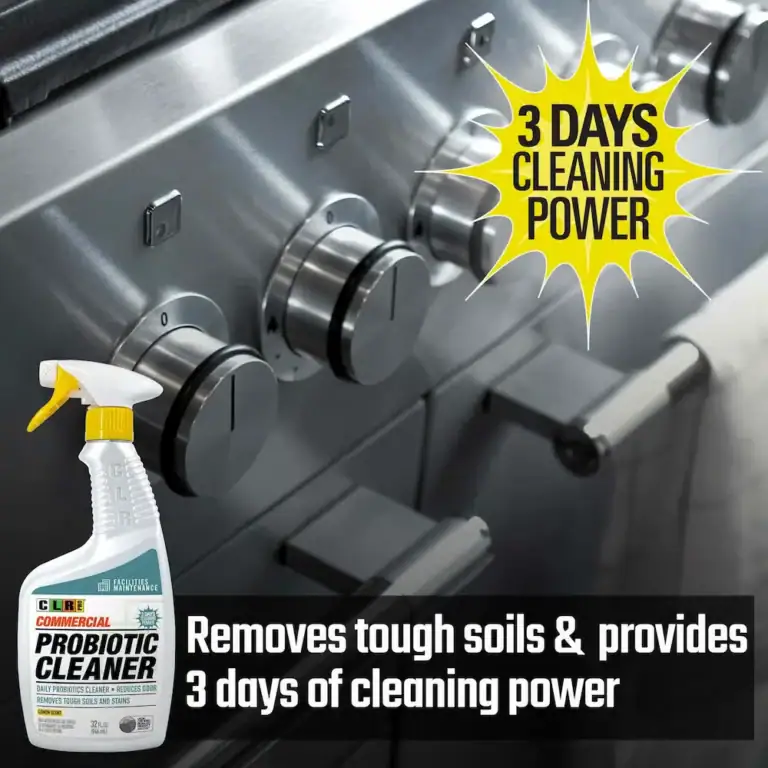 CLR Commercial Probiotic Cleaner spray bottle shown beside stainless steel stove knobs, with text highlighting 3 days of cleaning power and removal of tough soils.