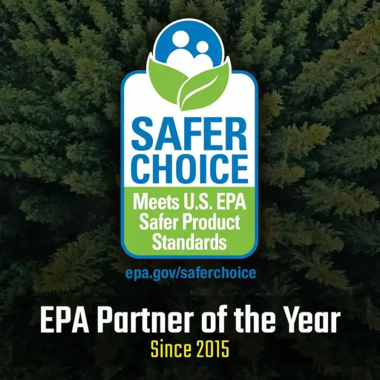 EPA Safer Choice logo displayed over a forest background, with text stating “EPA Partner of the Year Since 2015.”